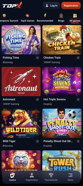 TopX visto en un smartphone: catálogo general con Chicken Train y Tower Rush