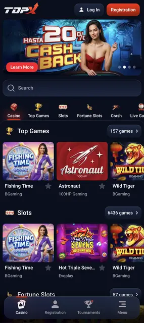 TopX visto en un smartphone: portada con la promoción de cashback y los juegos más populares