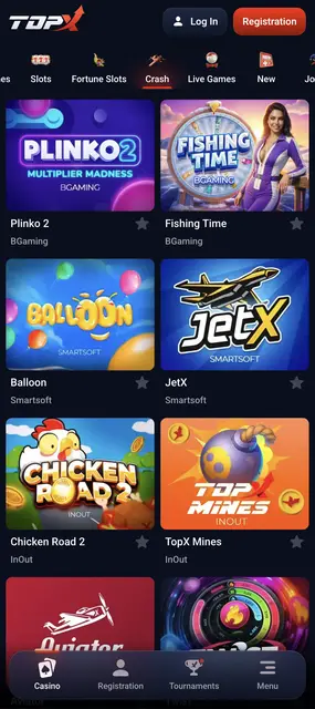 Web móvil de TopX, apartado de juegos instantáneos con Aviator y JetX